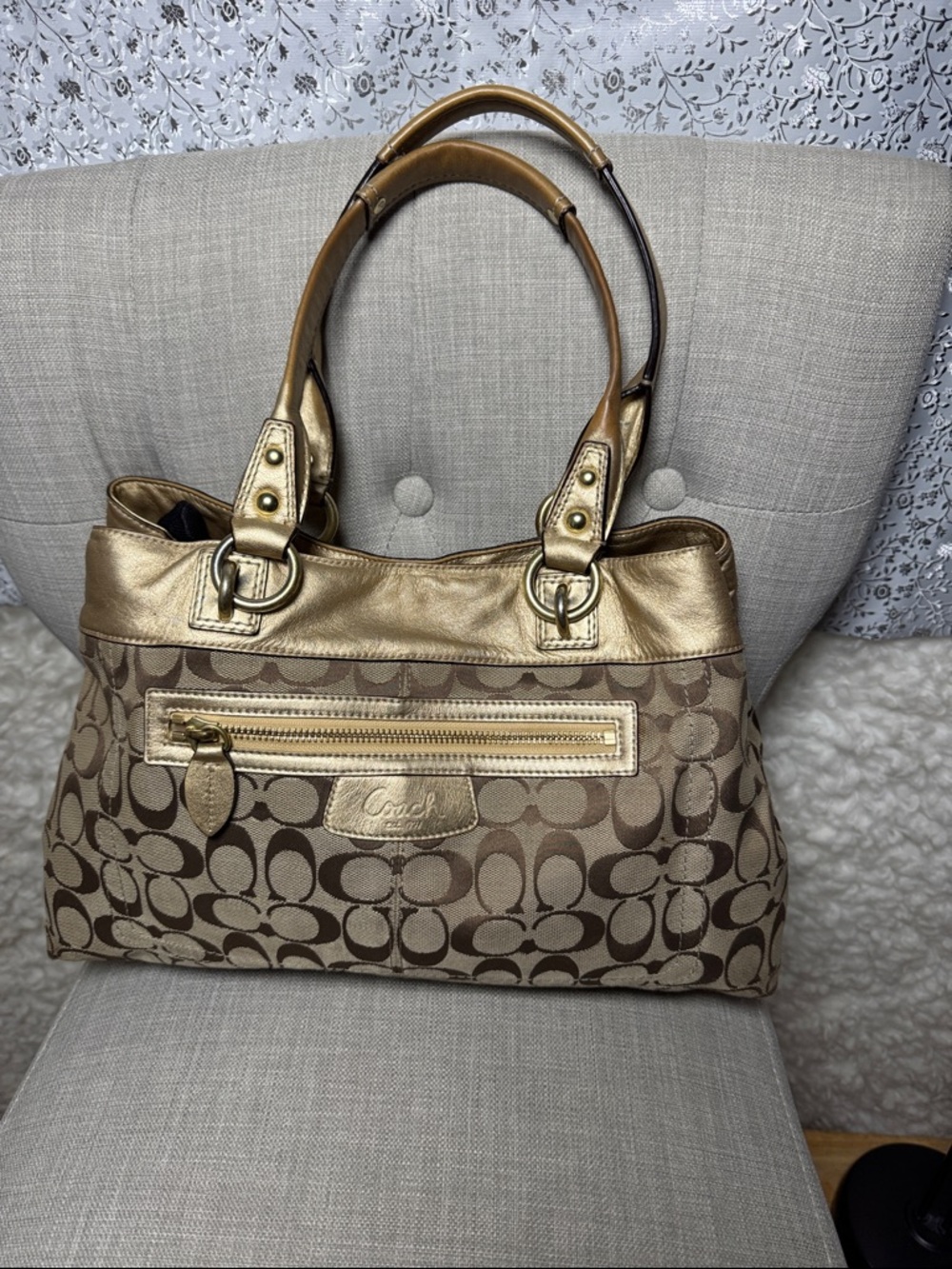 Coach Gold and Brown Signature Shoulder Bag